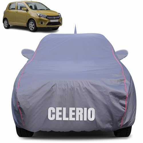 Image of 100% Waterproof Car Body Cover for Maruti Suzuki Celerio (2014-2024) with Mirror Pocket (Heat & UV Resistant, Triple Stitched, Soft Lining, Bottom Elastic & Piping) Grey