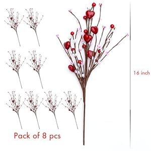 Valentines Day Decorations Floral Picks Stems - 8Pcs,16 Inch Artificial Red Berry Heart Shaped Branches Gift for Wedding Home Vase Decor Valentines Day Decorations Floral Picks Stems 8Pcs16 Inch Artificial Red Berry Heart Shaped Branches Gift for Wedding Home Vase Decor
