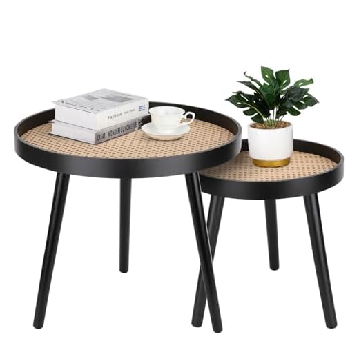 Round Coffee Table Set of 2, Black Boho Coffee Table, Small Mid Century Modern Rattan Coffee Table, Boho Side Table End Tables for Living Room Bedroom Office Balcony