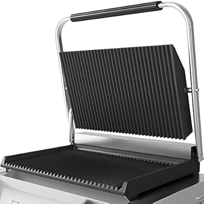 METRO Professional Kontaktgrill SINGLE GPG1201, 3000 W, Rostfreier Stahl, geriffelte Grillfläche, Fettauffangschale, Antihaftbeschichtung, Tischgrill/Sandwichmaker/Panini, Toasts, Steak, silber – Bild 3