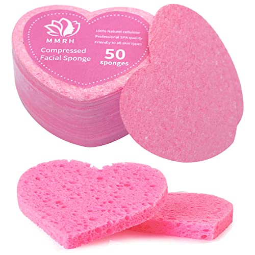 MMRH Facial Sponges Heart Shape Compressed Facial Sponges Natural Facial Cleansing Sponges Pads Exfoliating Sponges for Cleansing Reusable 50 Pieces