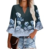 Womens 3/4 Length Sleeve Tops V Neck Spring Plus Size Blouse 3X Floral Print Stylish Summer Bell Sleeve Sweater Plus Navy L