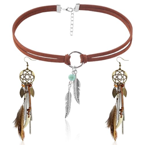 ZORVUJI Handgemachte Boho Feder Ohrringe Damen Set – Leder Choker Halskette & Vintage Anhänger, Retro Indianer Schmuck, Wikinger Stil Ohrringe, Tribal Schmuck für Frauen, Geschenkideen