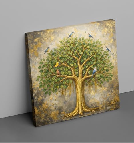 Image of Kunj Cart Kalpavriksha Tree Painting | 8+ DESIGNS | Kalpvriksh Tree Wall Painting | Lucky Tree Wall Art For Living Room, Bedroom and Office Decor | Canvas Painting for Wall Decoration (Design - E, 24x24 Inch, Framed)