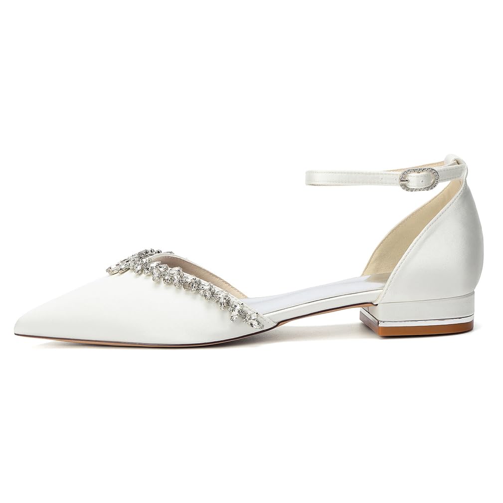 Zapatos de Boda para Mujer con Pedrería Tacón Bajo Punta Estrecha Zapatos de Novia de Satén Marfil con Correa al Tobillo Bailarinas de Fiesta Cómodos