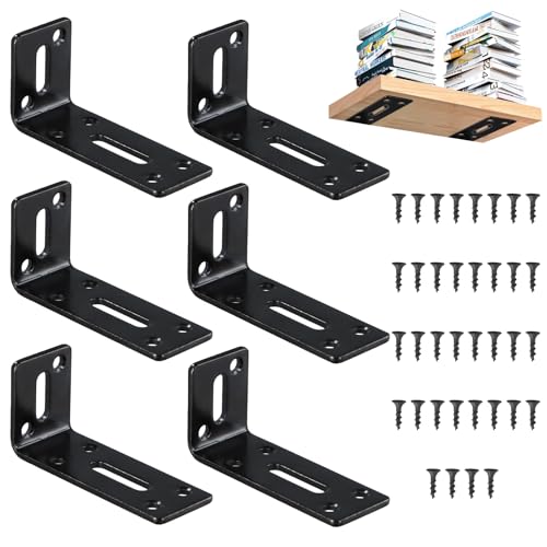 6 Piezas Escuadras Metalicas Engrosados, Angulos Metalicos Ajustables con Ranuras Largas, Escuadras para Estanterias Negros en Forma de L, Soportes de Esquina para Fijar y Reparar Muebles de Madera