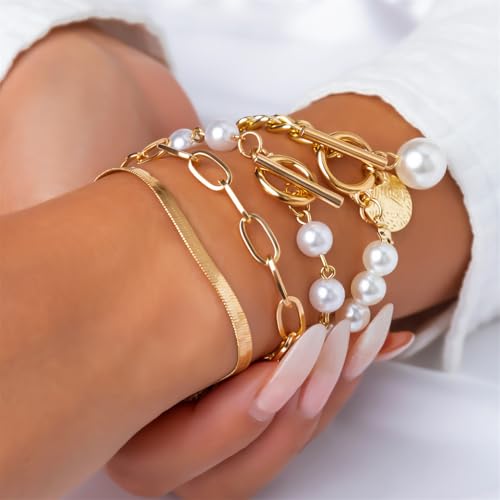 4Pcs Gold Tennis Link Bracelets Set for Women,14K Gold Plated Pearl Bracelets for Women,Dainty Layered CZ Paperclip Snake Cuban Link Chain Bracelets for Women4