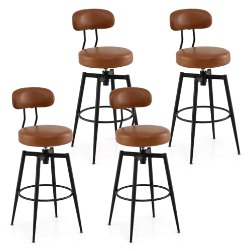 Butacos giratorios Giantex, juego de 4, altura de barra de 31 pulgadas, asiento y respaldo tapizados en cuero sintético, estilo moderno de mediados de siglo, para isla de cocina, comedor o pub, negro + marrón miniatura 1