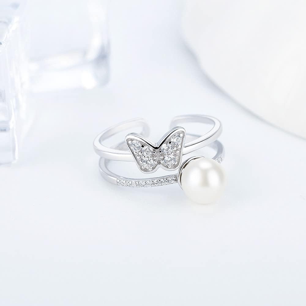 Sterling Silver CZ Butterfly Ring Mounting for Women, Adjustable Ring Fittings Accessories for Pearl Jewelry Making - Image 3