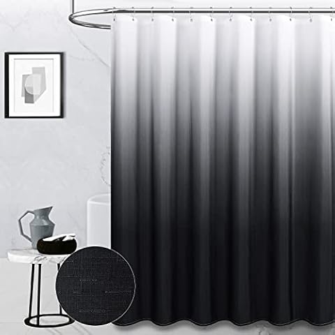 BTTN Extra Long Shower Curtain, 72 x 84 Inch Long Ombre Linen Textured Weighted Fabric Shower Curtain Set with Plastic Hooks, Large Hotel Spa Luxury Decorative Cloth Shower Curtain for Bathroom, Black Cover