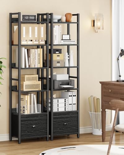 Image of Furologee Book Shelf Set of 2, 6 Tier Tall Shelf with Drawer, Bookshelves and Bookcases Set of 2, Industrial Display Shelving Unit for Bedroom, Living Room, Home Office, Black Oak