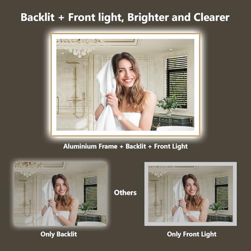 Image of 72x32 LED Bathroom Mirror with Lights, Gold Framed Lighted Mirror | Backlit and Front light, Anti-Fog, 3 Color Dimmable, Memory, Tempered Glass, IP54 Waterproof, UL Listed