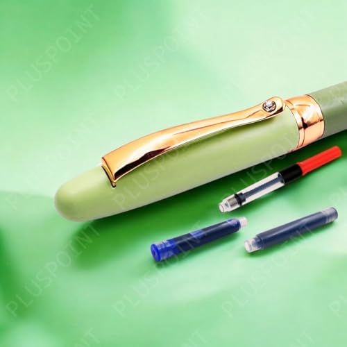 Image of PLUSPOINT Luxury Metal Body Fountain Pen Mat Green Finish Studded stone Clip, Iridium Nib, Rose Gold Trims, Include Ink Converter Gift Set for Men & Women, Executives