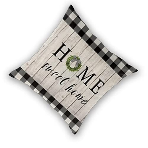 Sunshineyan Spring Pillow Cover 18X18 Set Of 2, Vintage Buffalo Plaids Wood Home Sweet Home Throw Pillow Covers Spring Wreath Farmhouse Decorative Linen Cushion Cases For Home Sofa Outdoor Decor #TOP1