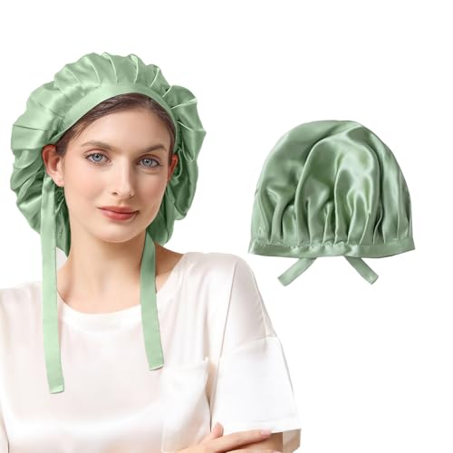 THXSILK 19 Momme 100% Mulberry Silk Bonnet for Sleeping, Tie Band, Green