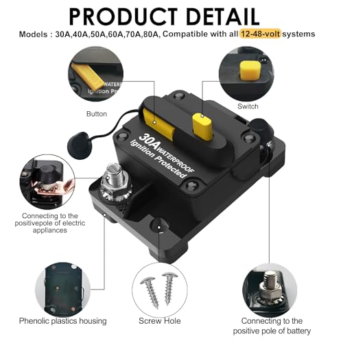 3 Pack 30Amp Circuit Breaker for Boat Trolling Motor Marine ATV Trailer Vehicles Stereo Audio Electronic Battery Solar System Inline Fuse with Manual Reset Switch Waterproof DC 12V-48V - Thumbnail 4