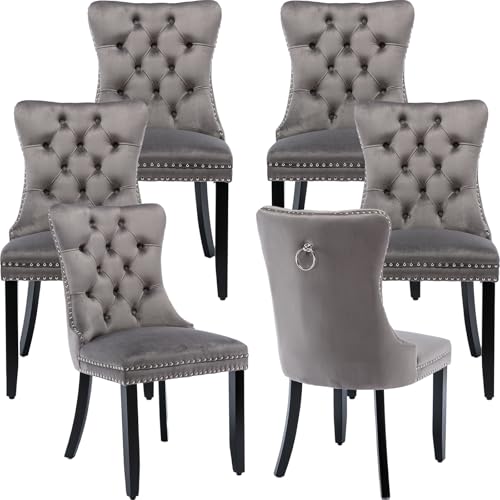 oduse-daily gray velvet dining chairs set of 6, kitchen & dining room chairs set of 6, tufted velvet upholstered dining chairs, solid wood frame (gray, 6 pcs) of6, 6pcs)