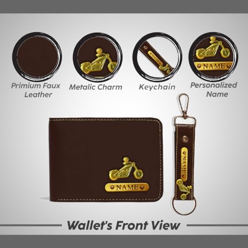 Image of Men Leather Personalized Wallet, Keychain and Passport Combo | with Name Printed Keychains Passports | Customised Gift Set with Name & Charm, Brown