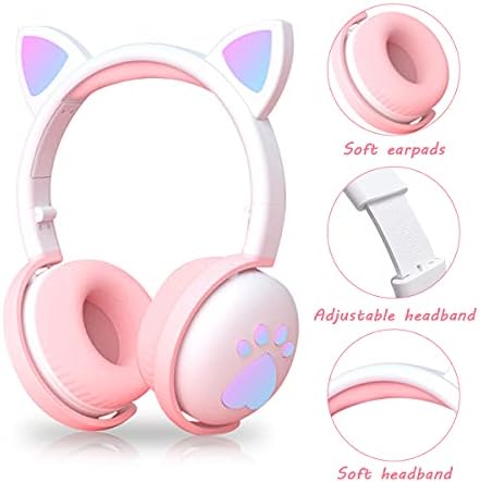 Kids Headphones Wireless, Girls Cat Ear Bluetooth Headphones, Foldable LED Light Up Headphones Over On Ear with Microphone, for Child/Teens/iPhone/iPad/PC/TV, Gift for Birthday/Christmas(White)