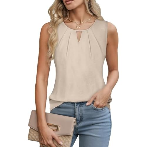 rosemia Womens Tank Tops Summer Dressy Sleeveless Blouses Business Casual Outfits Beige