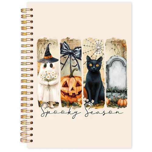 FDHSPAAM Halloween Spooky Season Spiral Journal Notebook 5.5x8.3in, Vintage Halloween Witchy Ghost Black Cat Journal for Woman, Spooky Pumpkin Tomb Notebooks for Note Taking, Hardcover Notebook