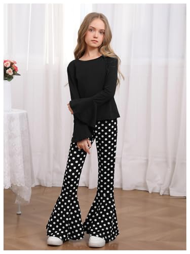 Image of WDIRARA Girl's 2 Piece Flounce Sleeve Top and Leopard Print Bell Leg Bottom Pants Set