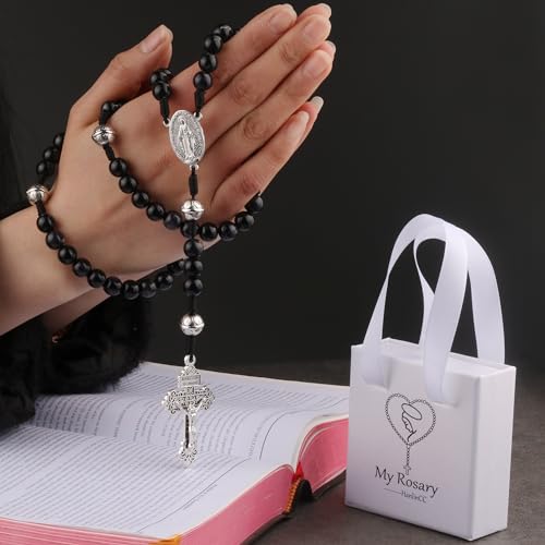 HanlinCC 10mm Beads Catholic Rosary Necklace with Miraculous Center piece and Pardon Crucifix with Gift Box for Men and Women3