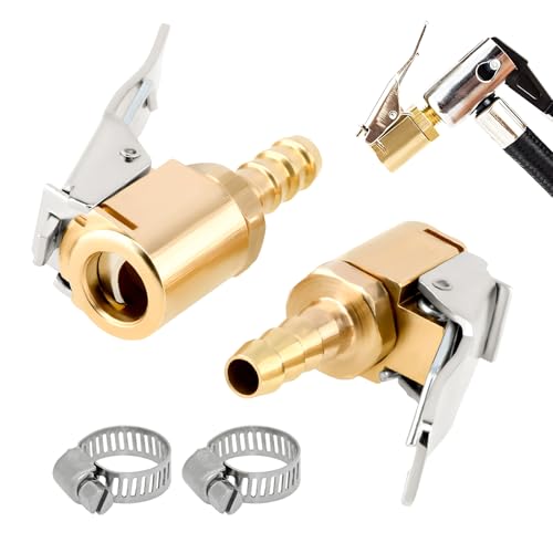 DXNQ 2 PCS Tire Air Chuck with Clamps, Brass Tire Inflator Hose Adapter with Barb Connector, Tire Inflator Nozzle Locking Chuck Set for Air Compressor Pump, Car Accessories
