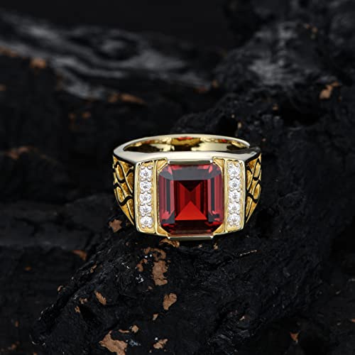 Pytali 10K 14K 18K Solid Real Yellow Gold Hollow Signet Ring For Men With Garnet Gemstone Father's Day Gifts Engagement Ring For Him Men’s Fine Jewelry Us 4-16 #TOP1