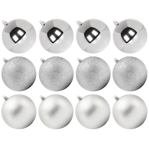 Benjia Extra Large Christmas Baubles, Giant Big Huge Xmas Shatterproof Plastic Ball Ornaments Set for Outdoor Outside Lawn Yard Tree Hanging Decorations Decor (10cm/100mm, 12 Packs, Silver)