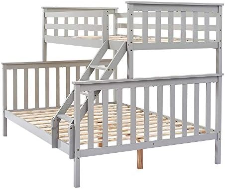 Triple Sleeper Bunk Beds, Single Top Double base bed | Solid Wood Frame, Children's Bed room Furniture, Wooden Bed Frame for Parents & Children (Grey)