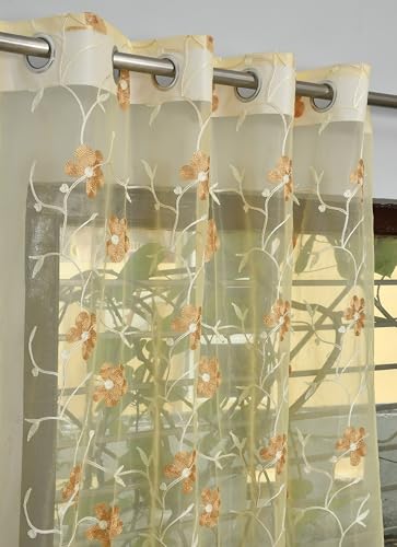 Image of Homefab India Embroidery Floral Net Transparent Sheer Curtain - 7X4 Feet, Door Curtains, Beige, Pack of 1 Pc