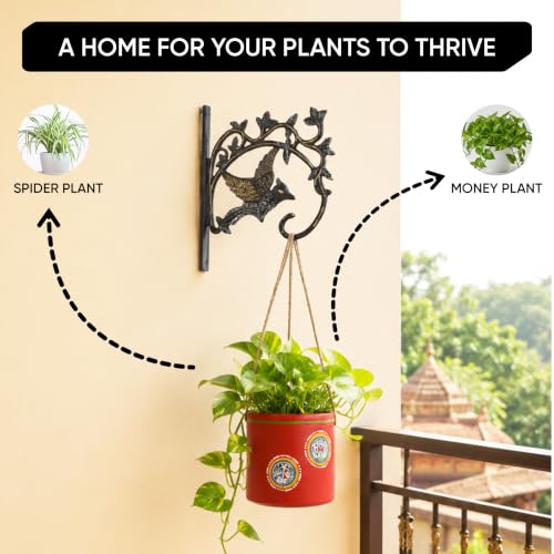 Image of AAKRITI ART CREATIONS Terracotta Hanging Planter with Metal Stand | Red Rose Warli Art, Matte Finish | Decorative Hanging Pot for Indoor & Outdoor Home Decor
