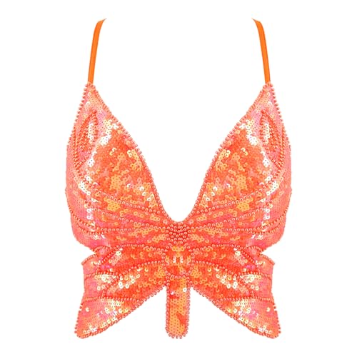 Mocure Womens Sparkly Butterfly Sequin Crop Tops Sexy Trendy Sleeveless Cute Butterfly Halter Tops Rave Wrap Tube Vest Top for Belly Dance Costume Outfits
