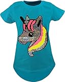 Wendepailletten Alpaka Einhorn Kinder Mädchen Wende Pailletten Lang T-Shirt Bluse Kurzarm Tunika (104-110, Einhorn Türkis)