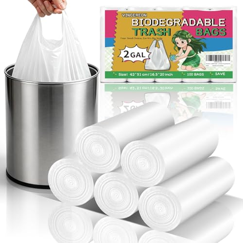 Vincereon 2 Gallon Small Trash-Bag Bathroom - White With Handles Biodegradable Mini Garbage Bags 100 Count Unscented Little Wastebasket Liners For Car Office Kitchen Strong Thick Bulk