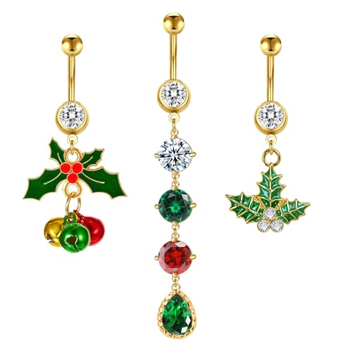 TFENY SJGF 3 Pcs Christmas Dangle Mistletoe Belly Button Rings Stainless Steel Jingling Bell Navel Rings for Women 14G 316L Belly Piercing Jewelry