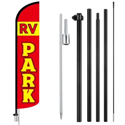 Tudomro 1 Set 15 FT RV Park Windless Feather Flag Kit - RV Parking Swooper Flag Banner Sign with Fiberglass Pole and Steel Ground Spike for Outdoor Campgrounds Parking Areas