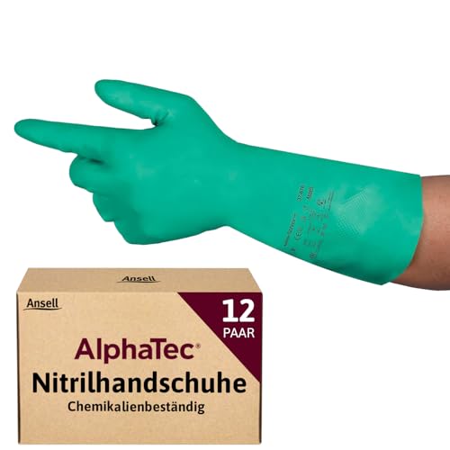 Ansell AlphaTec 37-675, Chemikalienschutzhandschuhe, Wasserdichte Sicherheitshandschuhe, Lebensmittel- und Reinigungshandschuhe, Latexfreie Schutzhandschuhe, Grüne Nitrilhandschuhe, 12 Paar, Gr. XL