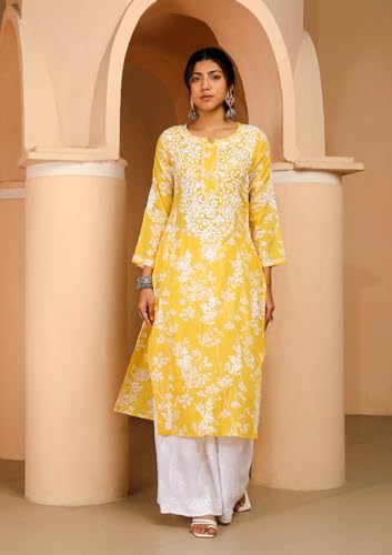 Image of GoSriKi Cotton Blend Embroidered Straight Kurta for Women | Cotton Blend Pink | 3 /4 Sleeve | Round Neck V-Slit | Ethnic Wear Casual Wear