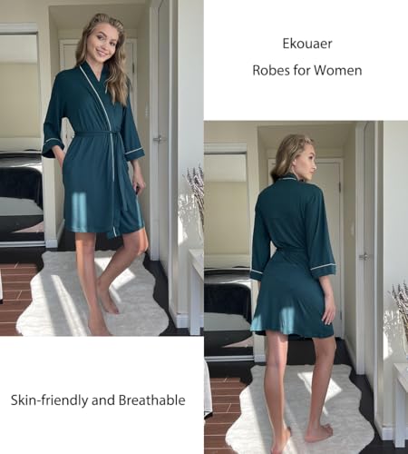 Image of Ekouaer Women Kimono Robes Knee Length Knit Bathrobe Lightweight Soft Sleepwear V-neck Casual Ladies Loungewear