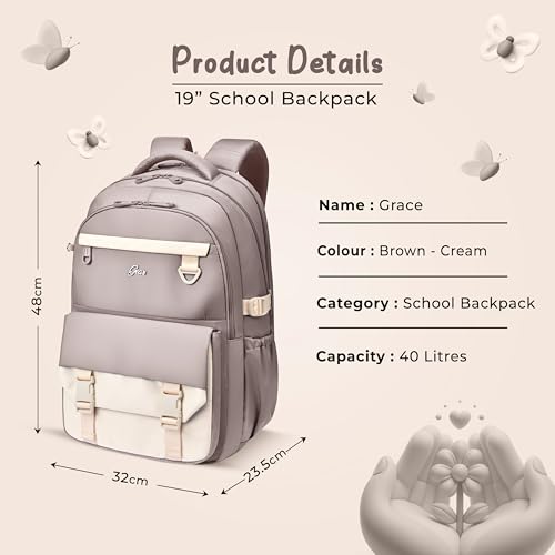 Image of Gear Grace 19 inch /40L Large Water Resistant School Bag | Casual Backpack | Daypack | Travel Backpack | Kids Bag for Boys /Girls (Brown - Cream)
