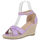  VAN HILL Damen Keilsandaletten Sandaletten Keilabsatz Schuhe Bast Sommersandaletten Freizeit Wedges Leder-Optik Sommerschuhe 212406 Helllila 40