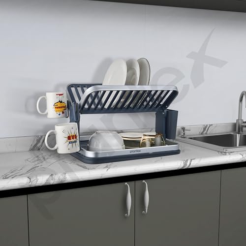 Image of Plantex Kitchen Storage Rack /Aluminium Fold Flat Dish Drying Rack /2-Tier with Drainboard /Kitchen Organiser Rack - (Silver & Grey)