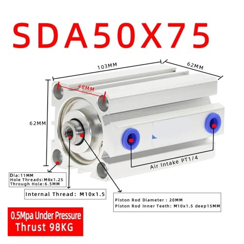 Vérin pneumatique compact SDA50 double effet course 75mm à filetage interne - 3