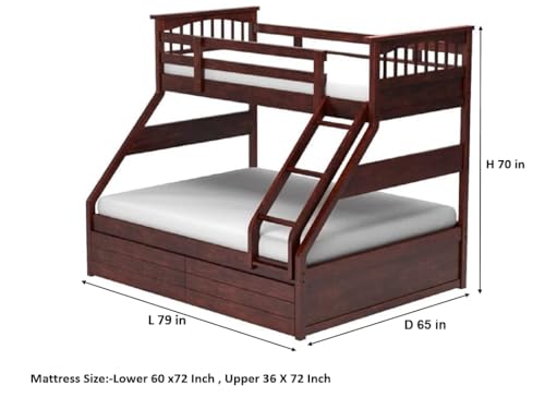 Image of APRODZ Haven Queen Size Solid Wood Bunk Bed with 2 Drawer Storage | Wooden Twin Over Bed with Ladder for Kids' Room Bedroom Living Room Home (Brown)