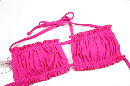 Byoauo Women Bandeau Bikini Top With Tie Side Thong Bottom Bathing Suit Hot Pink #TOP2