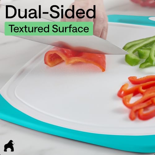 Image of GORILLA GRIP BPA-Free Reversible Kitchen Cutting Board Set of 3, US Designed, Nonporous, Juice Grooves Catch Liquid, Slip Resistant Border, Dishwasher Safe Durable Large Food Chopping Boards Turquoise