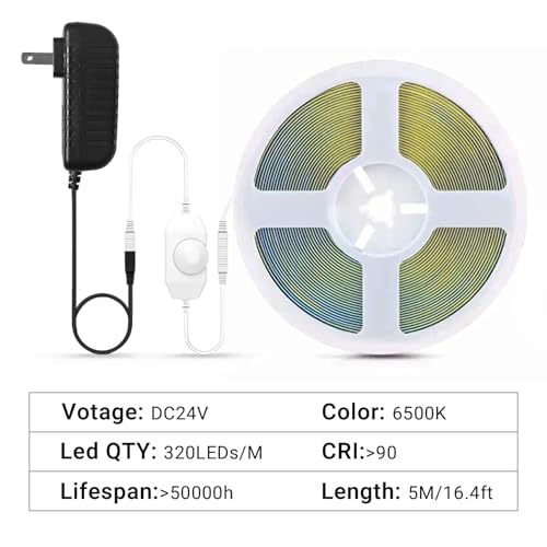 Tira LED COB 16.4 pies GUPUP luz blanca 6500K 24V dimmable miniatura 5