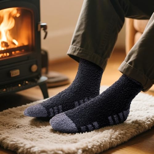 Men's Fuzzy Socks Cozy Fluffy Sleep Bed Socks Winter Warm Slipper Socks for Men Size 6-14, 5 Pairs/Pack3
